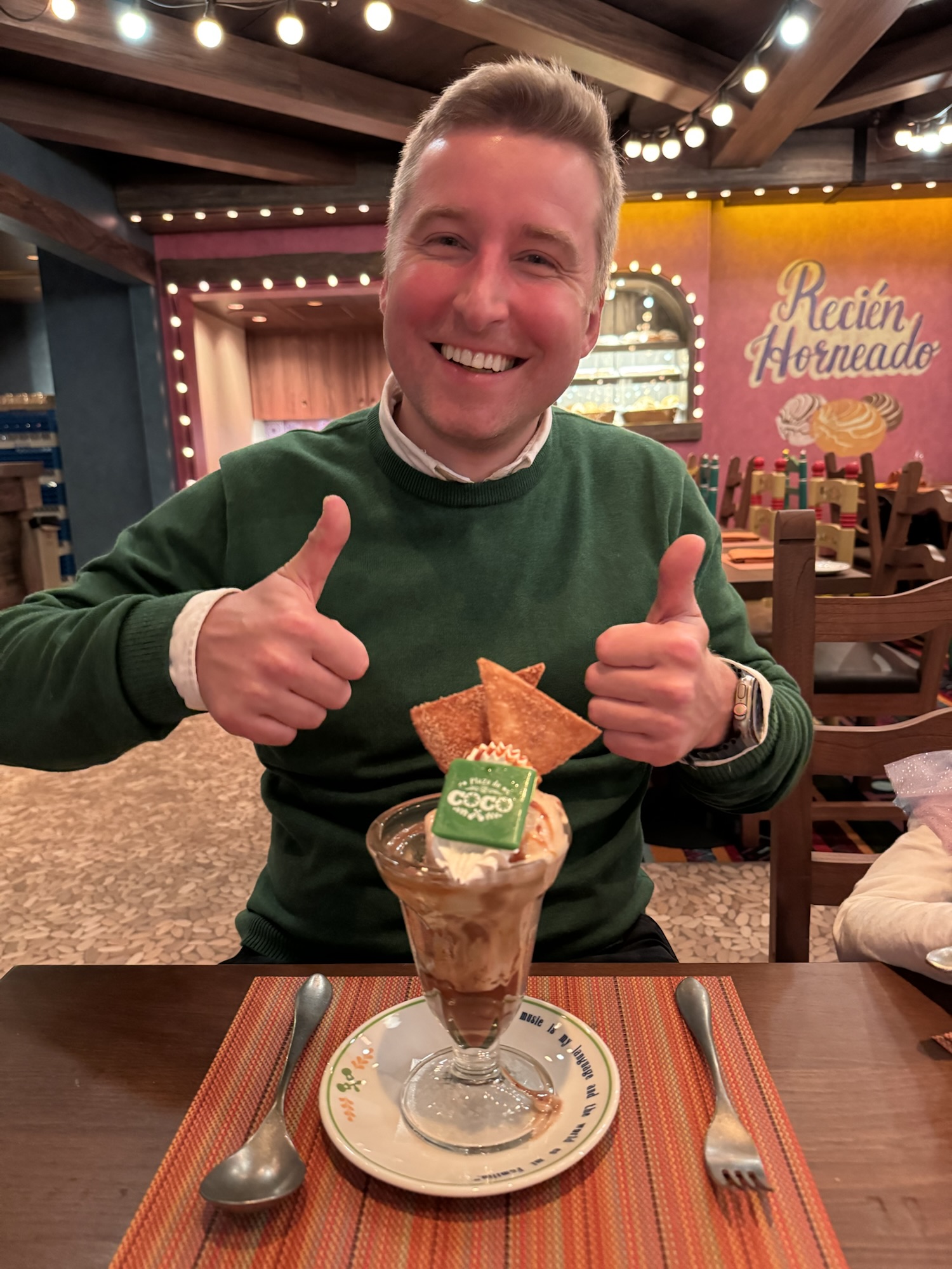 Writer and editor Samuel Hutchinson, eating a gigantic ice cream sundae